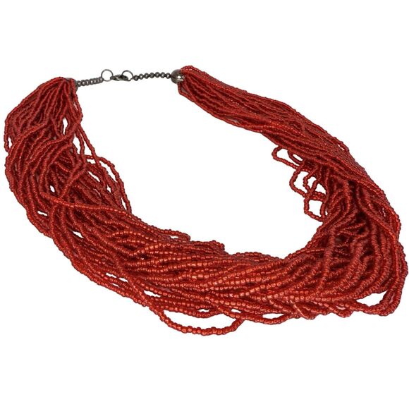 Red Seed Bead Layered Statement Necklace 21", Bold & Heavy Design - Picture 2 of 13